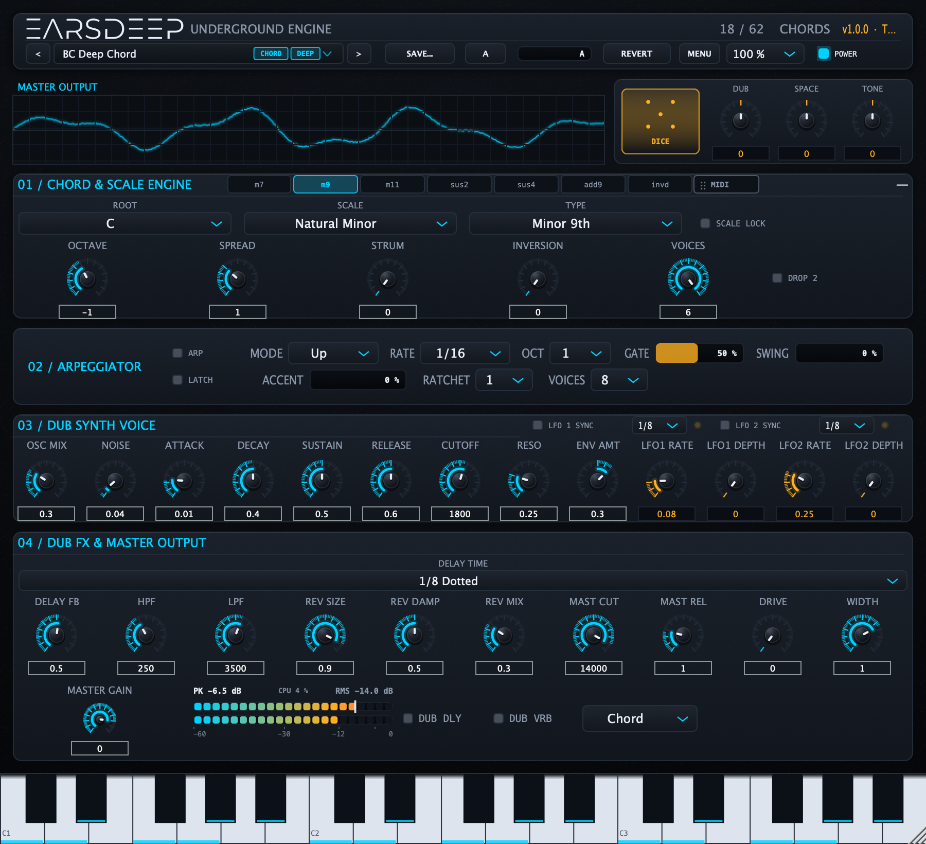 The EarsDeep Underground Engine interface: toolbar with DICE and performance macros, chord engine, arpeggiator, dub synth and FX chain.
