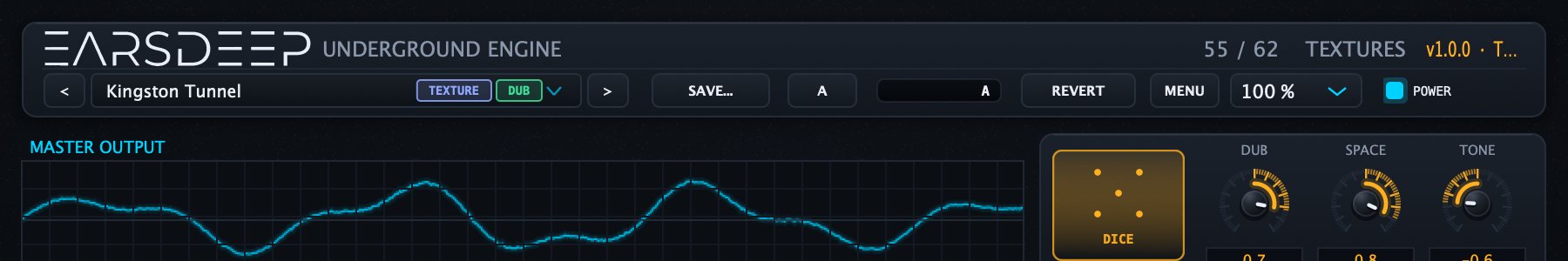 Toolbar with the DICE button and the DUB, SPACE and TONE performance macros next to the oscilloscope.
