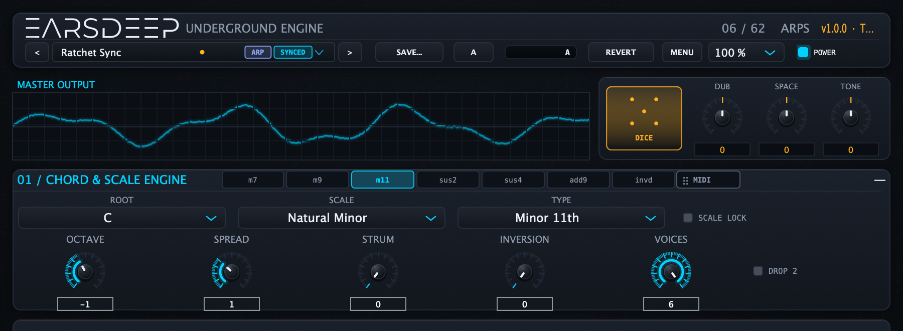 Panel 01: quick chord-type chips in the header, five voicing knobs and the DROP 2 switch.